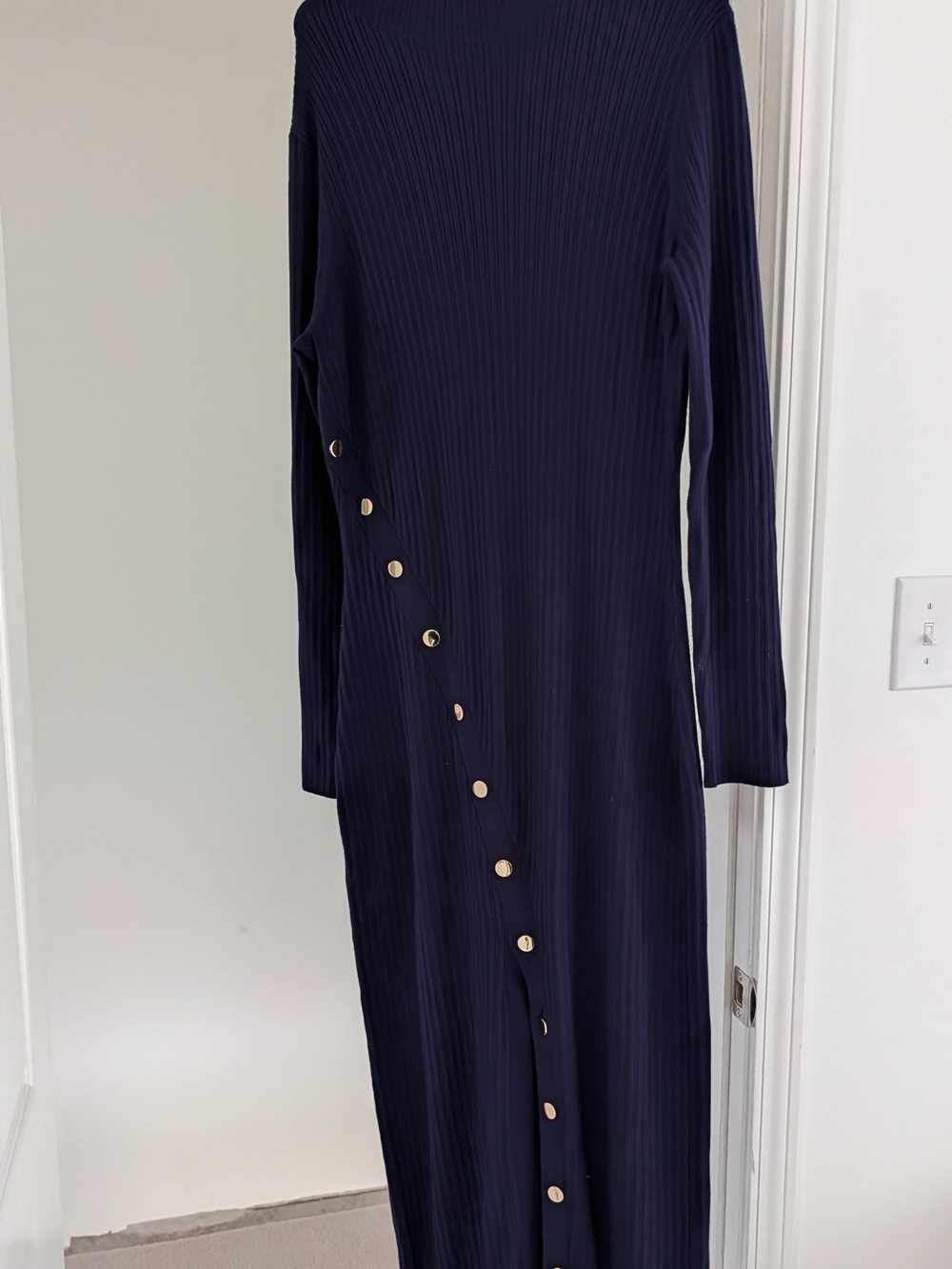Karen Millen Navy Ribbed Long Sleeve Midi Dress with Gold Buttons